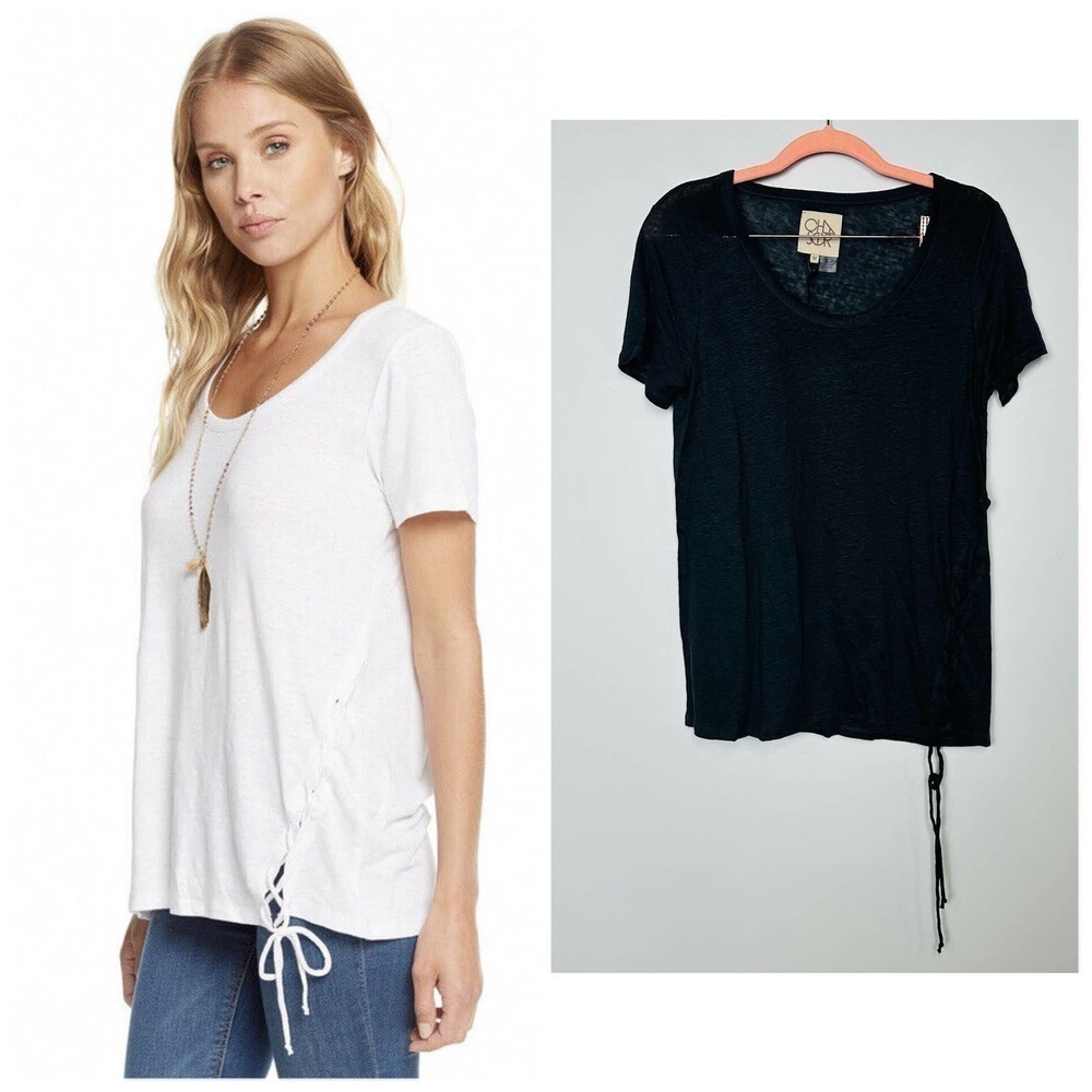 Chaser NWT Asymmetrical Short Sleeve Lace Up Tee Vintage Black Sz Medium CW7140
